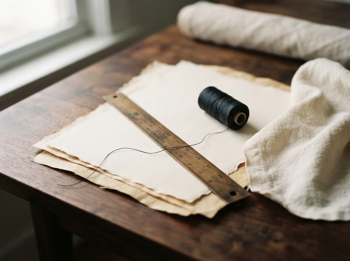 Papel, linhas e tecido em uma mesa de alfaiataria