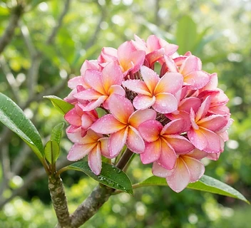 Pink and yellow plumeria blooms