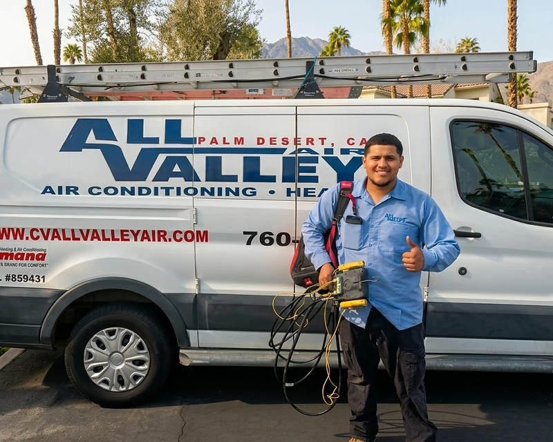 All Valley Air technician standing beside a service van in Palm Desert