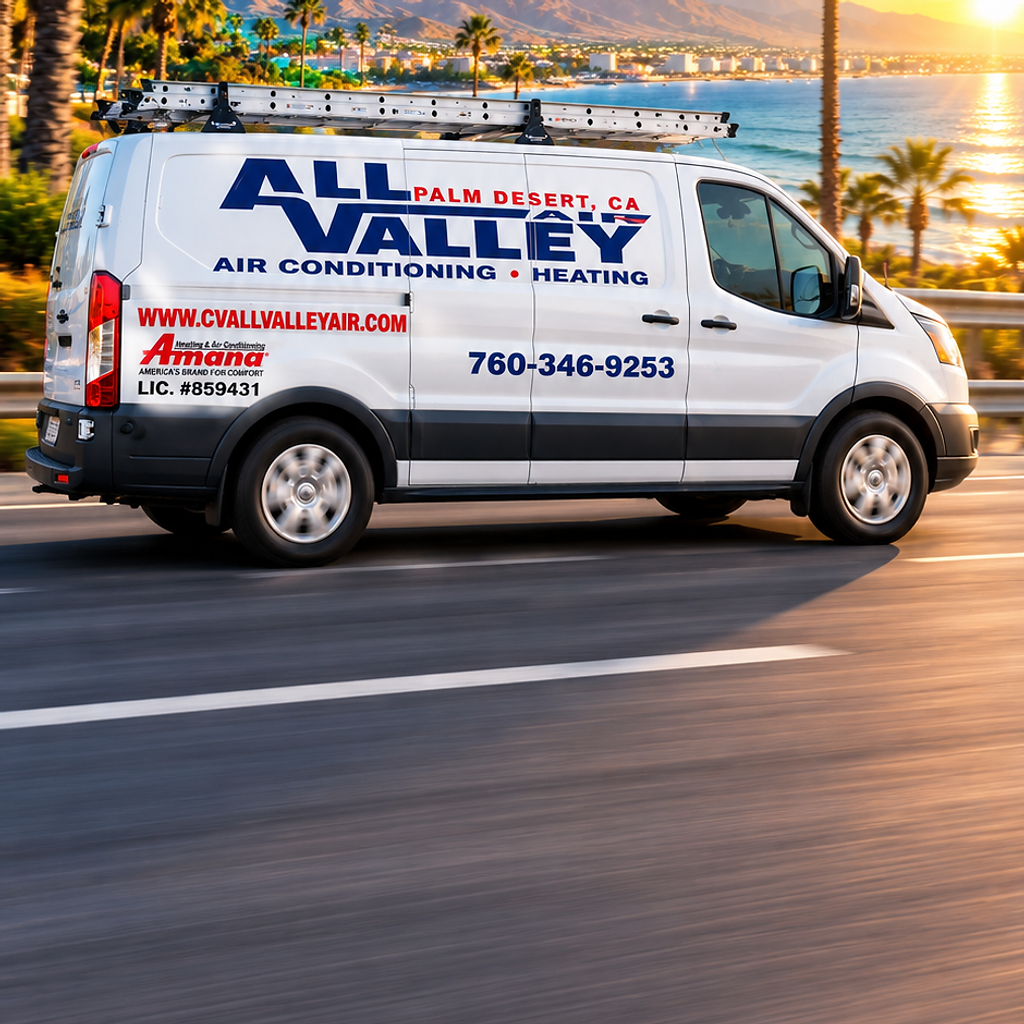 All Valley Air service van driving through Palm Desert at sunset