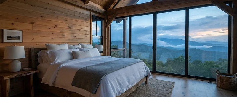 Pristine Asheville cabin interior at dawn with a perfectly made bed
