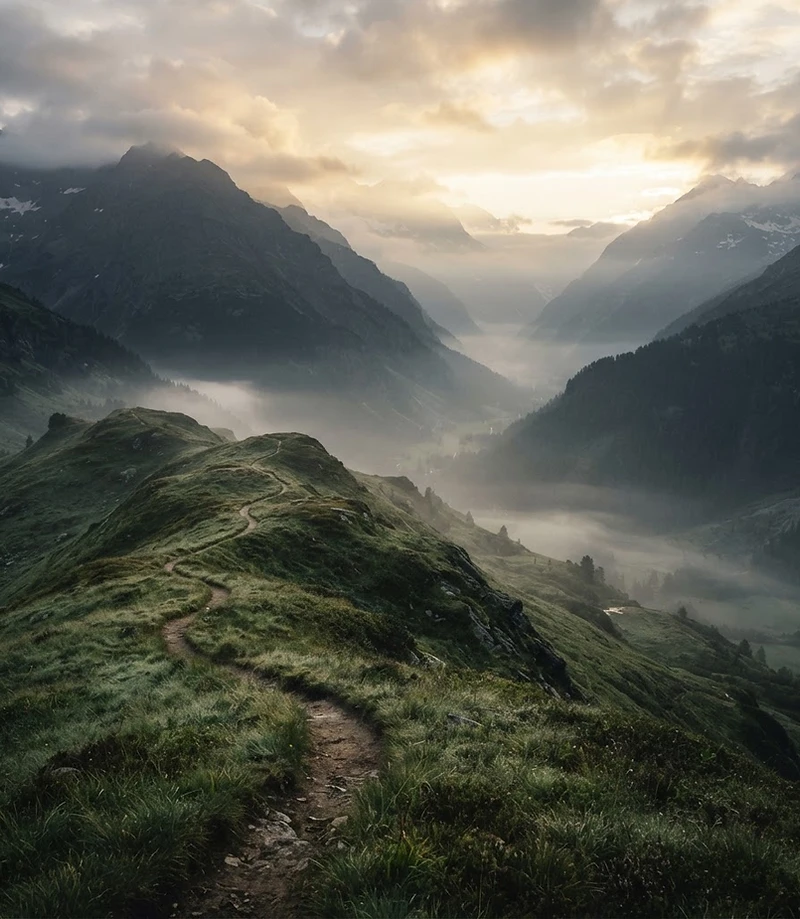 A mountain path winding through misty valleys at dawn