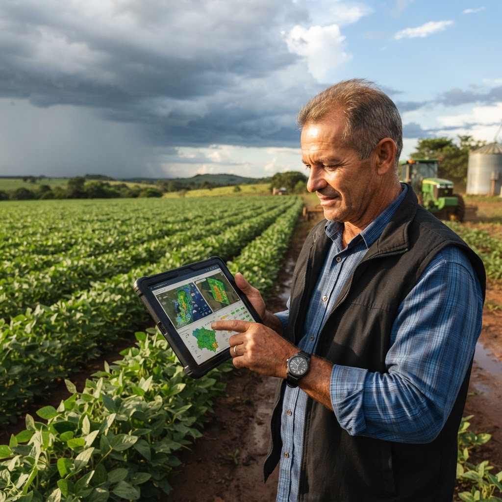 Produtor rural analisando previsão climática para manejar lavoura durante o El Niño