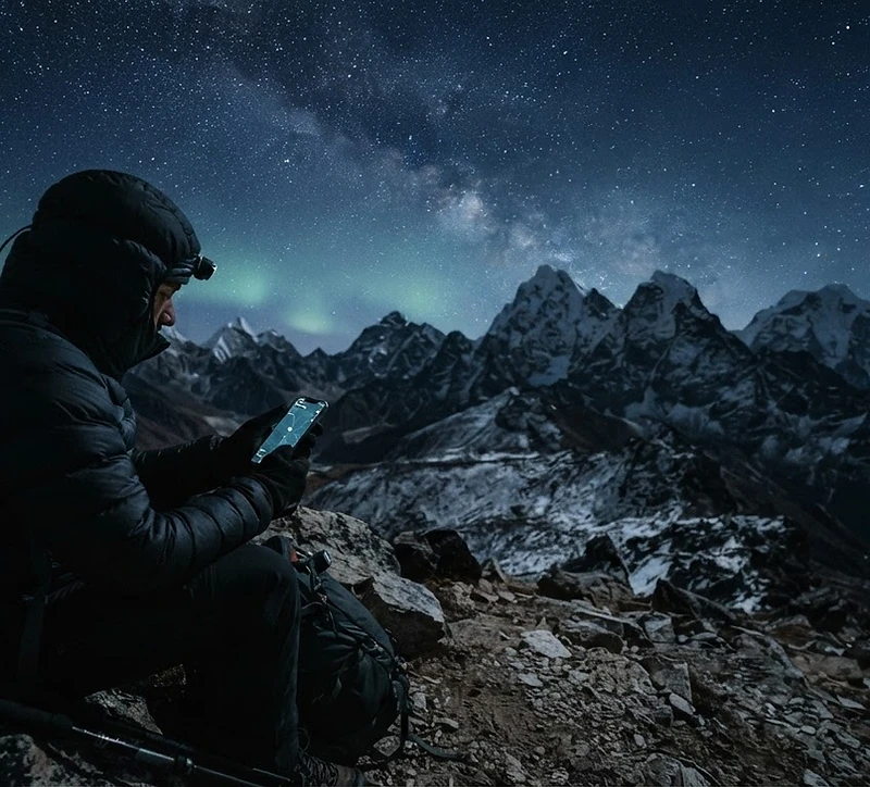 High-altitude mountain landscape under a starry sky