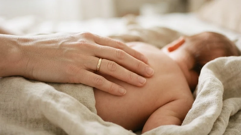 Mani di un genitore che sfiorano la pelle di un neonato avvolto in lino naturale.