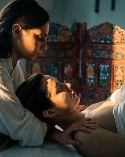 Trattamento ayurvedico: terapista che accoglie una persona con tocco delicato.