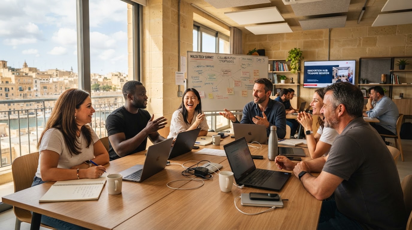 Adult students collaborating in a modern training room