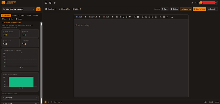 Writing dashboard — daily and total word counts across every manuscript