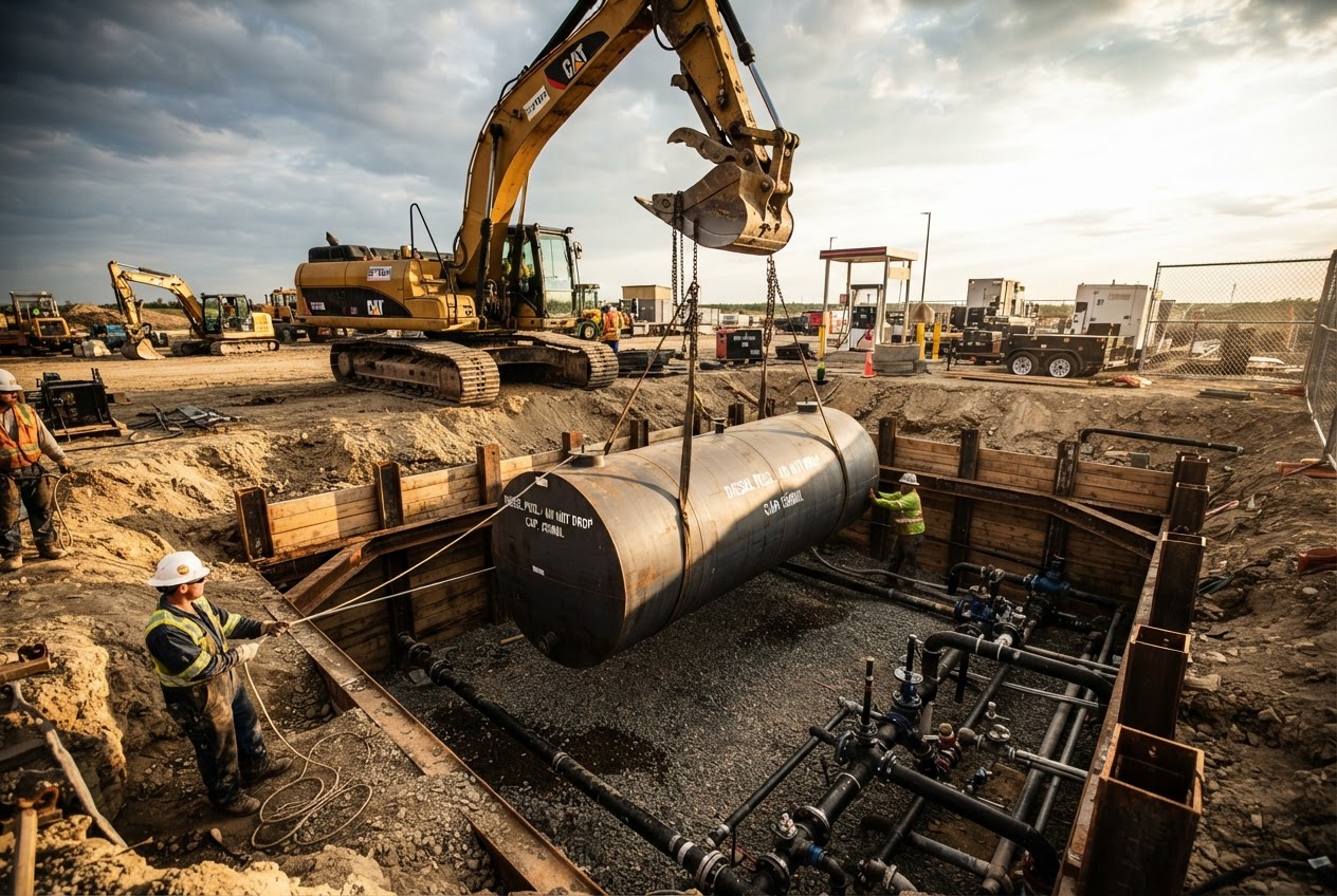 Underground fuel storage tank installation in progress