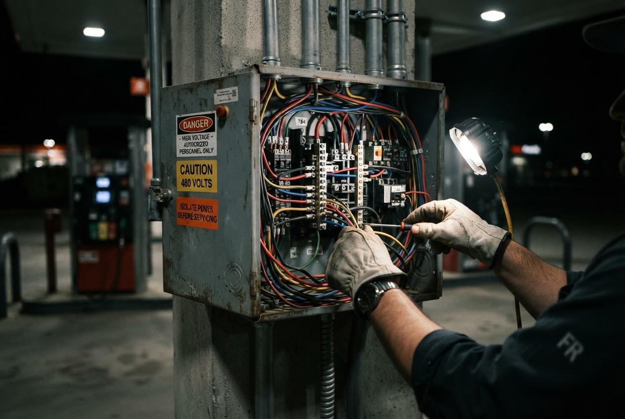 Industrial electrical panel wiring at a fueling site