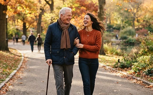 A Bondlyy companion laughing with a client on a sunny park walk