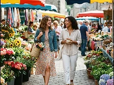 Friends strolling through a colourful street market