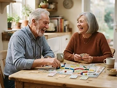 An older gentleman and his companion laughing over a board game