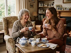 A companion sharing tea and laughter with an elderly woman at home