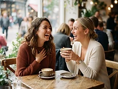 Two friends laughing over coffee in a bright café