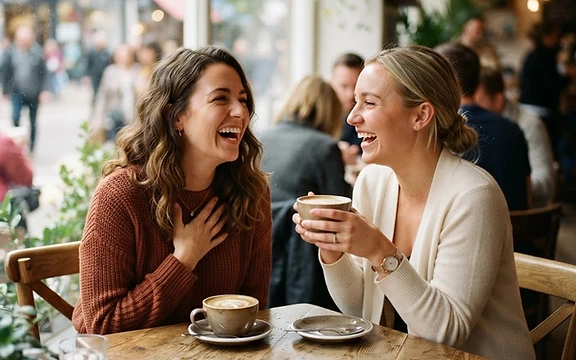 Two friends laughing over coffee in a bright café