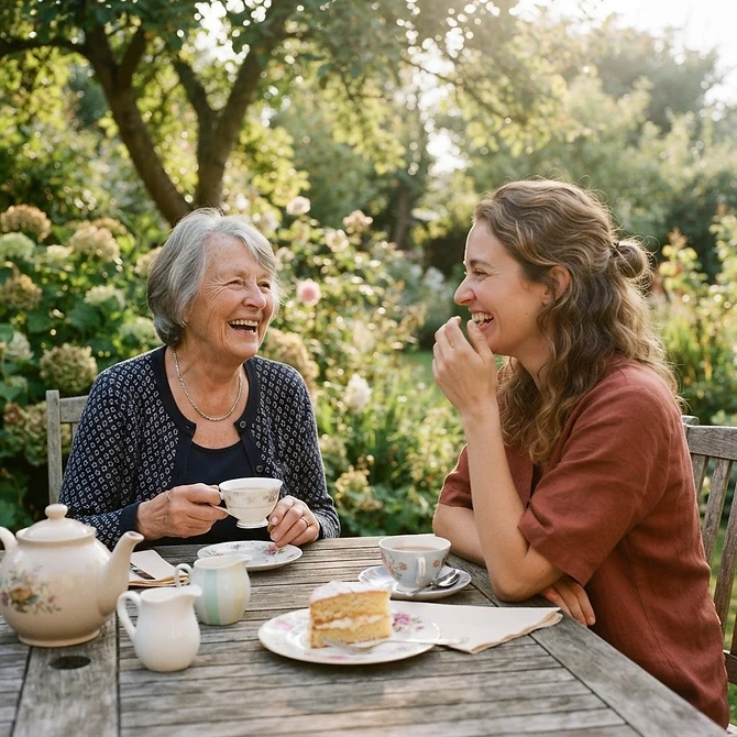 A companion and client laughing over tea in a garden