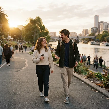 A companion and client talking on a riverside walk