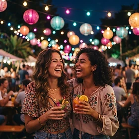 Two friends enjoying an evening event under colourful lights