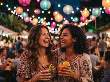 Two friends enjoying an evening event under colourful lights