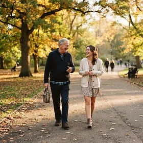 A companion and an older gentleman walking and talking in a park