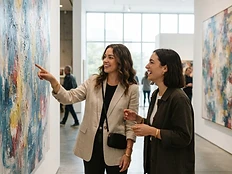 Two friends admiring paintings in a bright modern gallery
