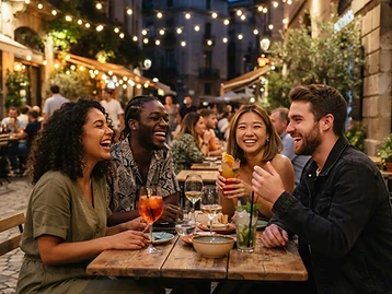 A diverse group of friends laughing together outdoors under string lights