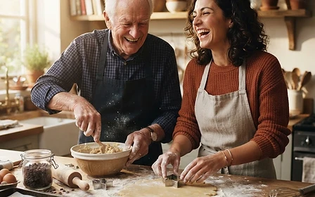 A companion and client laughing while baking together
