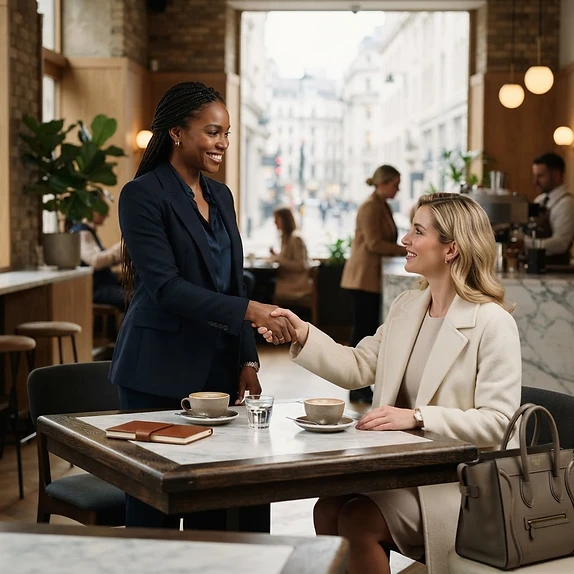 A companion and client greeting each other at an elegant café