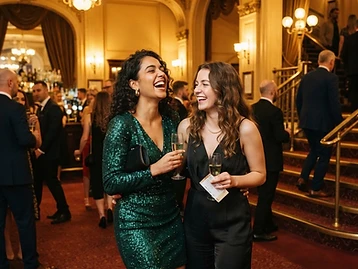 Two friends laughing together at the theatre before a show