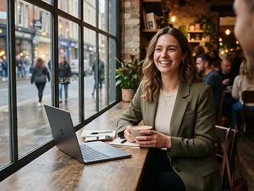 A professional woman relaxing over coffee in a stylish city café