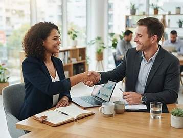 Two professionals shaking hands across a bright meeting table