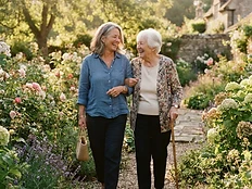 A daughter walking arm-in-arm with her elderly mother in a sunny garden