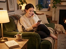 A person relaxing at home, booking a session on their phone