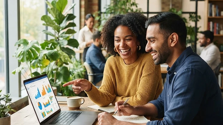 Two professionals reviewing programme impact data together on a laptop