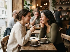 Two people in warm conversation over coffee