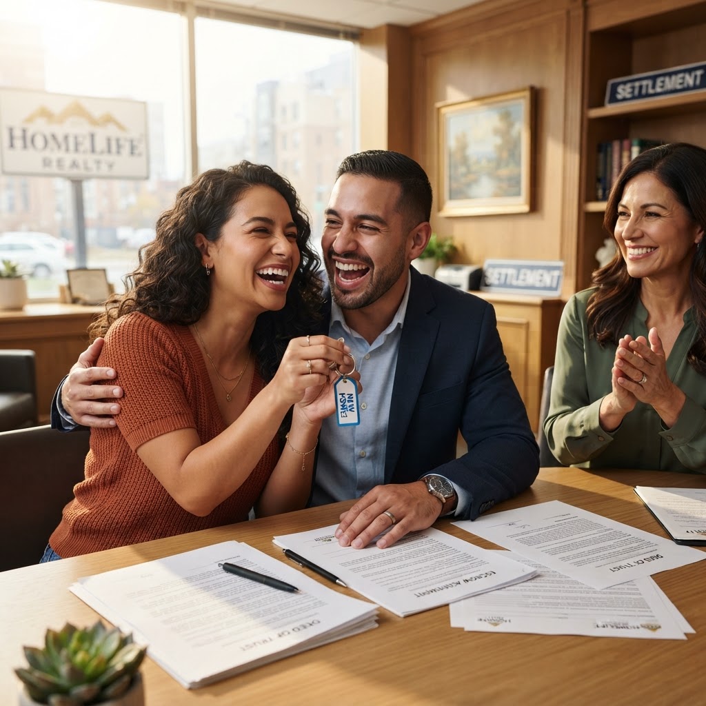 Pareja celebrando la compra de su casa