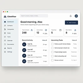 ClientFlow — dashboard with KPI cards, recent activity, and upcoming tasks