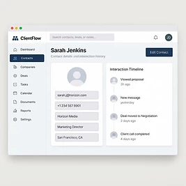 ClientFlow — client profile with contact details and interaction timeline