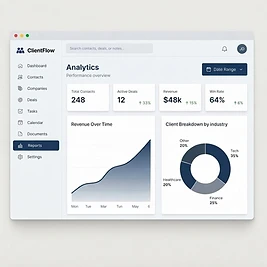 ClientFlow — analytics with KPI cards, revenue chart, and industry breakdown