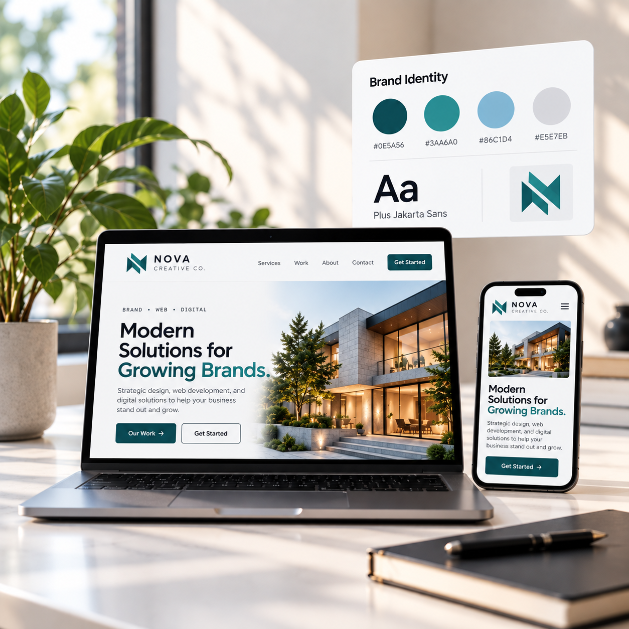 Branding presentation scene with laptop, smartphone, and brand identity card