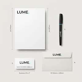 LUME — brand system applied across print, stationery, and branded collateral