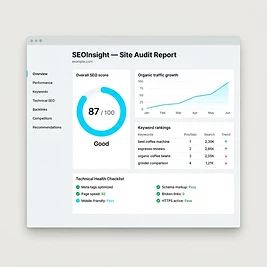 SEOInsight — full audit report with overall score, organic traffic growth, keyword rankings, and technical health