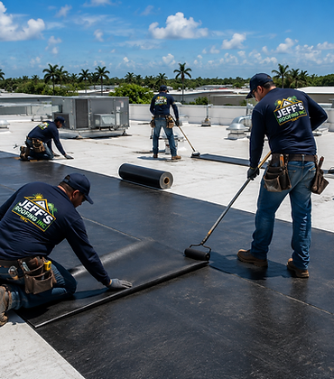 Jeff's Roofing commercial crew installing a torch-down membrane on a flat roof