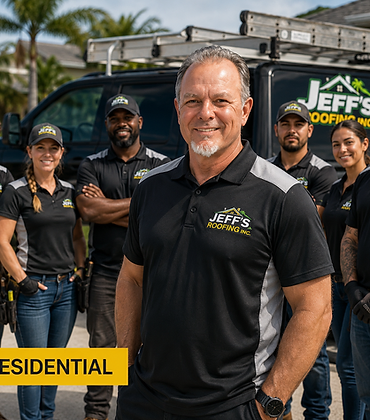 Jeff's Roofing crew of seven posing in front of the company van