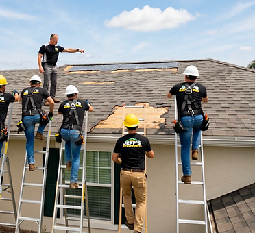 Jeff's Roofing crew working on ladders during a residential roof repair