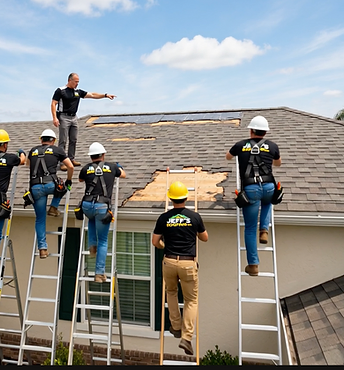 Jeff's Roofing crew working on ladders during a residential roof repair
