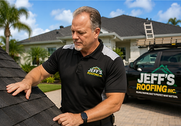 Jeff's Roofing owner inspecting roof shingles beside company truck