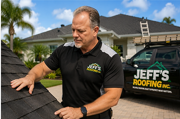 Jeff's Roofing owner inspecting roof shingles beside company truck
