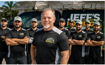Jeff's Roofing crew of eight posing in front of the company van